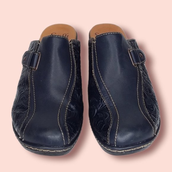 Sofft Tooled Leather Clogs Size 8.5M Blue Slip On Boho Southwestern Floral Folk - Picture 3 of 11